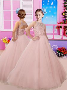 Hot Sale Pink Sleeveless Organza Sweep Train Lace Up Pageant Dress Womens for Military Ball and Sweet 16 and Quinceanera