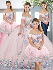 Delicate Pink Lace Up Quinceanera Gown Beading and Appliques and Bowknot Short Sleeves Floor Length