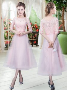 Ankle Length Baby Pink Prom Party Dress Scoop Half Sleeves Lace Up