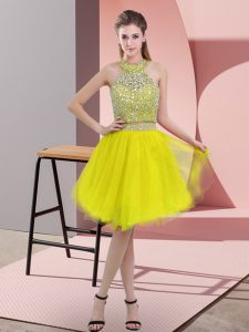 Knee Length Yellow Prom Dresses Halter Top Sleeveless Backless