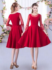 Hot Selling Scoop 3 4 Length Sleeve Quinceanera Court Dresses Knee Length Ruching Red Satin