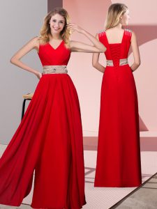 Sleeveless Floor Length Beading Lace Up Prom Evening Gown with Red