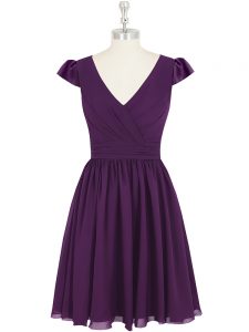 Ideal Mini Length Purple Prom Dress Chiffon Cap Sleeves Ruching