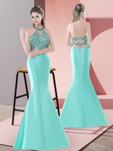 Nice Blue and Apple Green Halter Top Backless Beading Prom Dresses Sweep Train Sleeveless