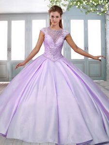 Pretty Lilac Ball Gowns Beading and Appliques Sweet 16 Dress Lace Up Satin Cap Sleeves