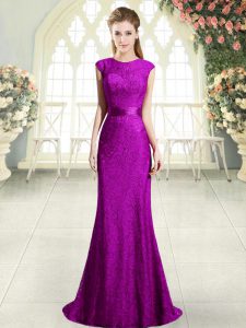Superior Sweep Train Mermaid Prom Dress Eggplant Purple and Purple Scoop Sleeveless Backless