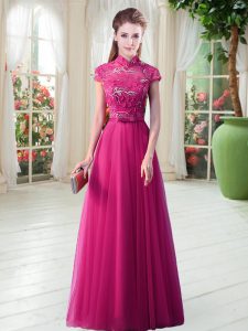 Extravagant Hot Pink Dress for Prom Prom and Party with Lace High-neck Short Sleeves Lace Up