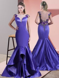 Affordable Sleeveless Sweep Train Side Zipper Beading and Appliques Prom Dress