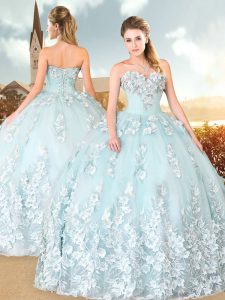 Light Blue Ball Gowns Appliques Sweet 16 Quinceanera Dress Lace Up Tulle Sleeveless Floor Length