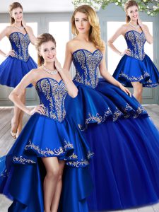 Customized Sweetheart Sleeveless Quinceanera Dresses Sweep Train Beading and Embroidery Royal Blue Tulle
