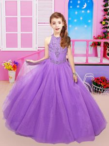 Custom Fit Eggplant Purple Lace Up Halter Top Beading and Lace Winning Pageant Gowns Organza Sleeveless Sweep Train