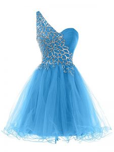 Delicate Blue Prom Party Dress Prom and Party and Military Ball with Beading One Shoulder Sleeveless Lace Up