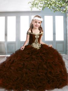 Sleeveless Beading and Appliques Lace Up Little Girls Pageant Dress Wholesale with Brown Sweep Train
