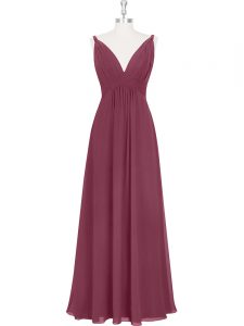 Charming Burgundy Chiffon Backless Dress for Prom Sleeveless Floor Length Ruching and Pleated