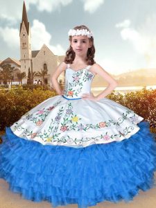 Wonderful Blue And White Sleeveless Floor Length Embroidery and Ruffles Lace Up Little Girl Pageant Gowns