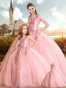 New Arrival Organza High-neck Sleeveless Sweep Train Lace Up Beading and Lace Quinceanera Dresses in Pink