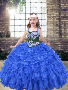 Blue Ball Gowns Embroidery and Ruffles Little Girl Pageant Dress Lace Up Organza Sleeveless Floor Length