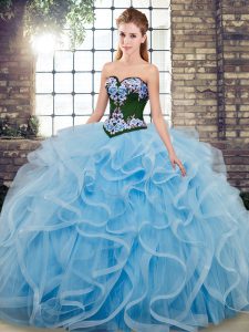 Ball Gowns Sleeveless Baby Blue 15 Quinceanera Dress Sweep Train Lace Up