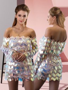 Sumptuous Silver Dress for Prom Prom and Party with Ruching Off The Shoulder Long Sleeves