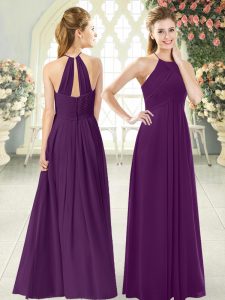 Deluxe Purple Halter Top Neckline Ruching Evening Dress Sleeveless Zipper