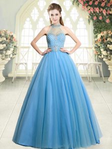 Blue Tulle Zipper Halter Top Sleeveless Floor Length Evening Dress Beading