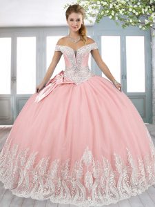 Pink Lace Up Quinceanera Gown Beading and Appliques and Bowknot Sleeveless Floor Length