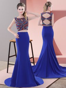 Customized Satin Scoop Sleeveless Sweep Train Lace Up Beading Prom Party Dress in Royal Blue