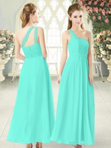 Ankle Length Aqua Blue Prom Evening Gown Chiffon Sleeveless Ruching