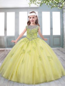 Lace Up Child Pageant Dress Yellow for Party and Wedding Party with Beading and Appliques Sweep Train