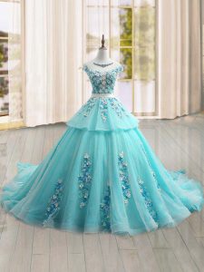 Glorious Lace Up Vestidos de Quinceanera Aqua Blue for Military Ball and Sweet 16 and Quinceanera with Appliques Brush T