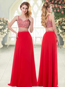 Floor Length Two Pieces Sleeveless Red Prom Party Dress Zipper