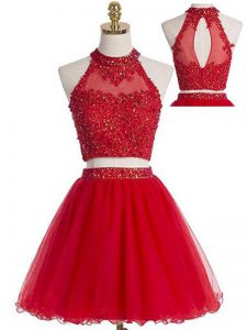 Red Sleeveless Mini Length Beading and Appliques Zipper