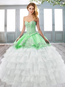 Adorable White Organza Lace Up Quince Ball Gowns Sleeveless Sweep Train Beading and Embroidery and Ruffled Layers