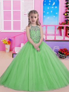 Modern Tulle Lace Up Halter Top Sleeveless Floor Length Pageant Gowns For Girls Beading