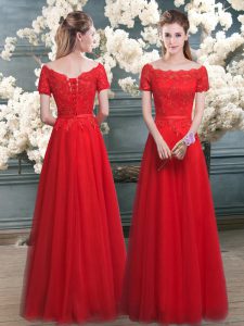 Exceptional Red Lace Up Prom Gown Lace Short Sleeves Floor Length