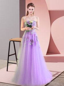 Eye-catching Lavender A-line Appliques Prom Gown Lace Up Tulle Sleeveless Floor Length