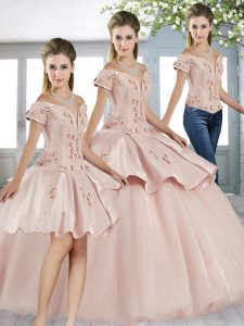 Great Short Sleeves Tulle Floor Length Lace Up Quince Ball Gowns in Baby Pink with Beading and Appliques