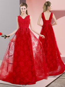 Flirting Red Sleeveless Beading Lace Up Prom Dresses