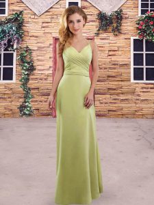 Designer Sleeveless Floor Length Ruching Backless Quinceanera Court of Honor Dress with Yellow Green
