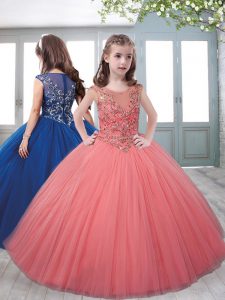 Watermelon Red Sleeveless Floor Length Beading Zipper Pageant Gowns For Girls