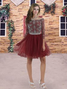 Beading Quinceanera Court Dresses Burgundy Lace Up 3 4 Length Sleeve Mini Length