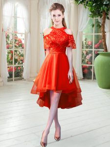Flare High Low Rust Red Prom Party Dress High-neck Short Sleeves Zipper