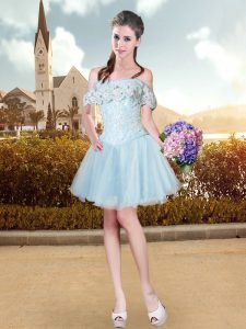 Fine Baby Blue Off The Shoulder Neckline Beading and Appliques Prom Gown Sleeveless Lace Up