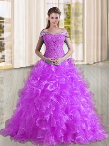 Purple Quinceanera Dresses Off The Shoulder Sleeveless Sweep Train Lace Up