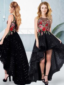 Black Organza Zipper Scoop Sleeveless High Low Beading and Embroidery