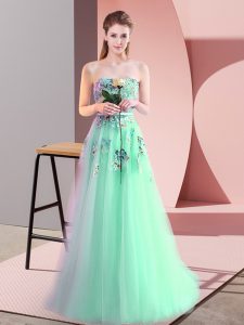 Comfortable Sleeveless Tulle Floor Length Lace Up Prom Evening Gown in Apple Green with Appliques