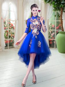 Admirable Royal Blue Tulle Zipper High-neck Half Sleeves High Low Prom Dresses Appliques
