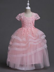 Clearance Floor Length Baby Pink Flower Girl Dresses Tulle Sleeveless Appliques