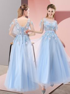 Short Sleeves Lace Up Floor Length Appliques Prom Gown