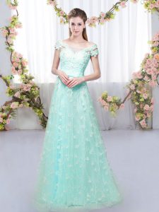 Traditional Floor Length Apple Green Quinceanera Dama Dress Off The Shoulder Cap Sleeves Lace Up